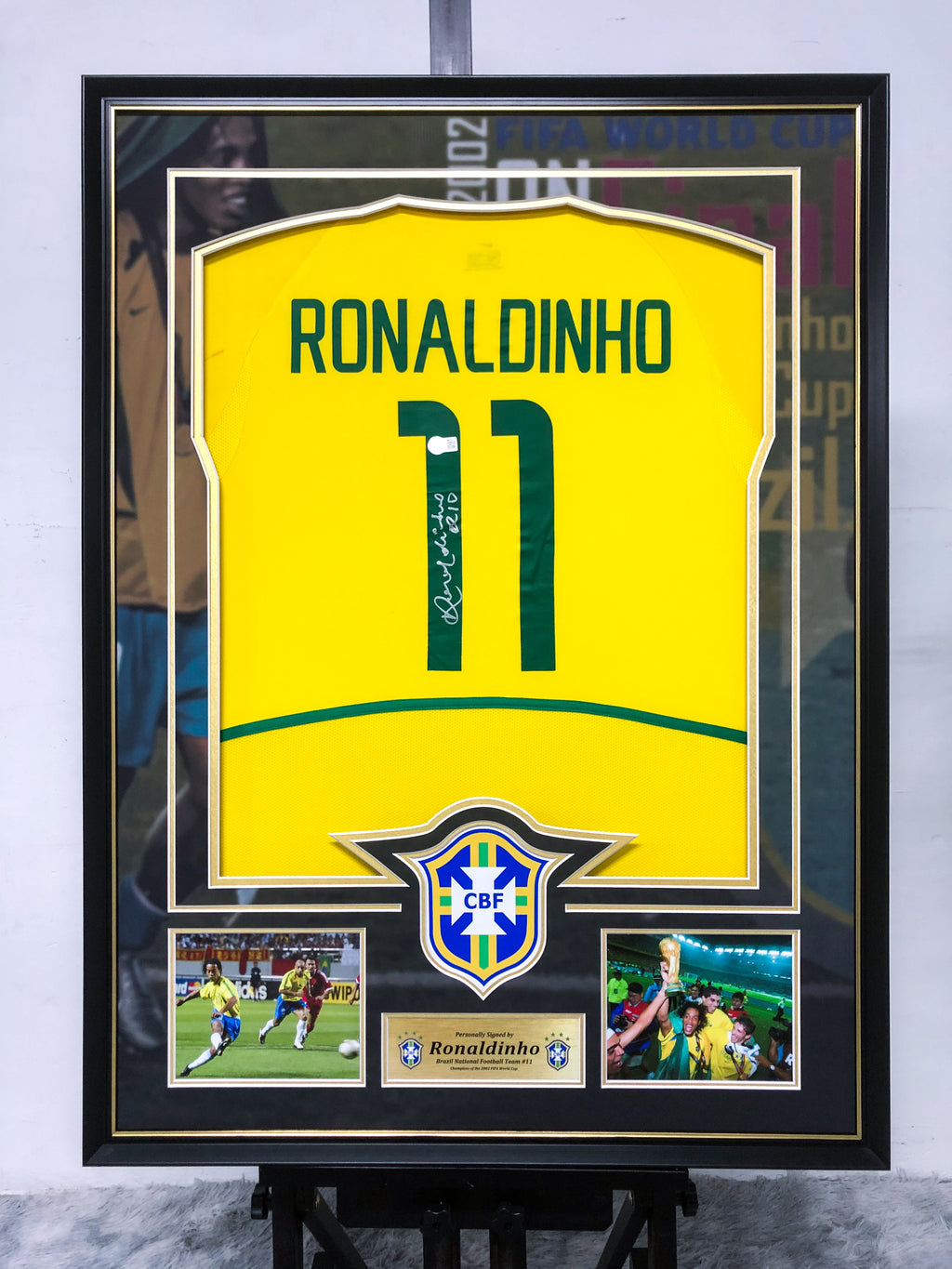 Brazil national team Ronaldinho Autographed Jersey with Personalized Custom Design Framed 00022