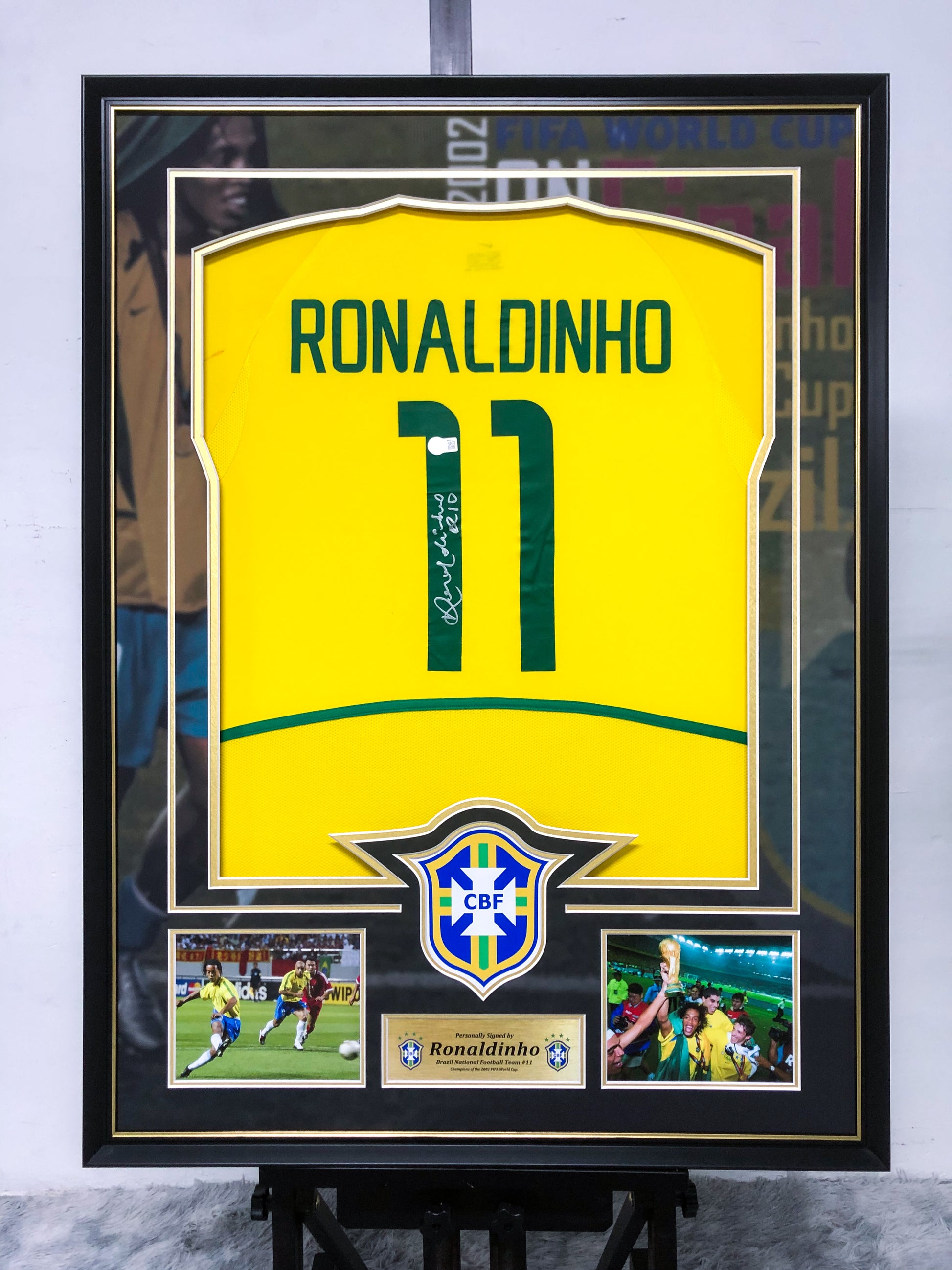 Brazil national team Ronaldinho Autographed Jersey with Personalized Custom Design Framed 00022