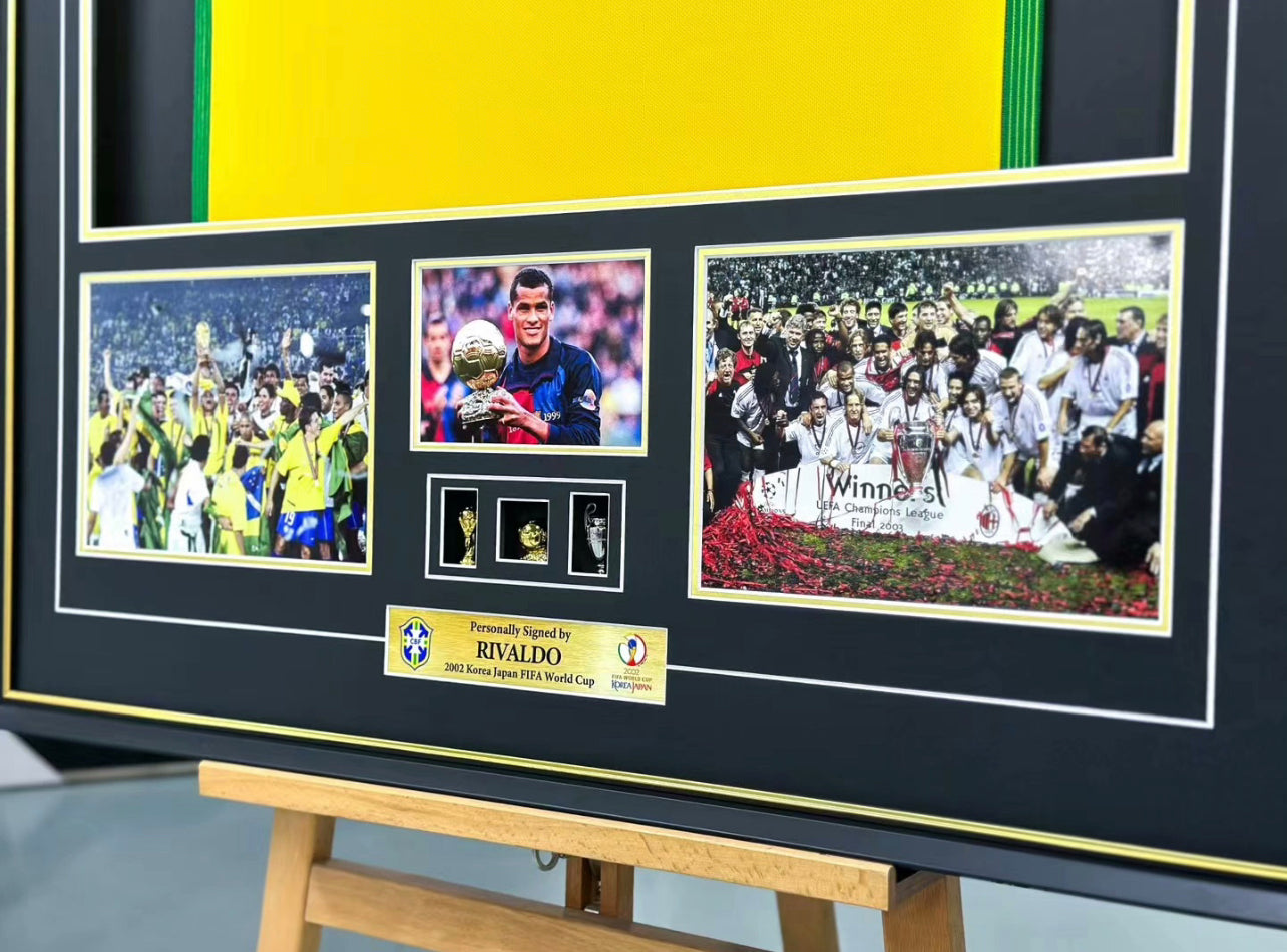 Brazil national team Rivaldo  Ferreira Autographed Jersey with Personalized Custom Design Framed 00017